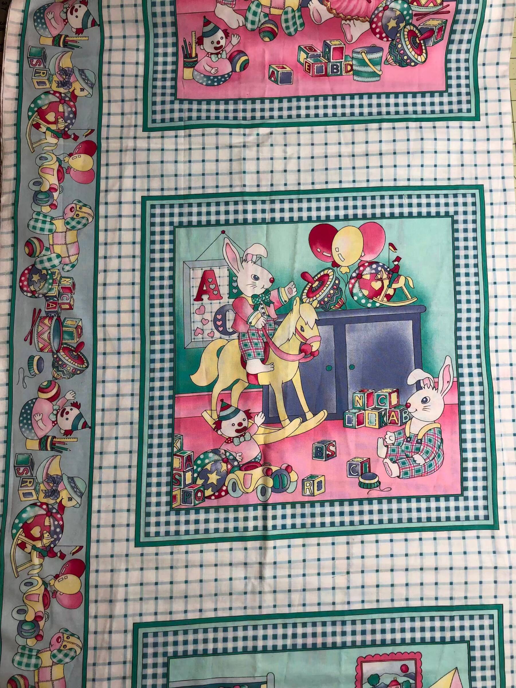 Vintage Nursery Collection, Bunny's Cushion Panel, Fabric Panel,  100% Cotton fabric, Double Border, Rose & Hubble