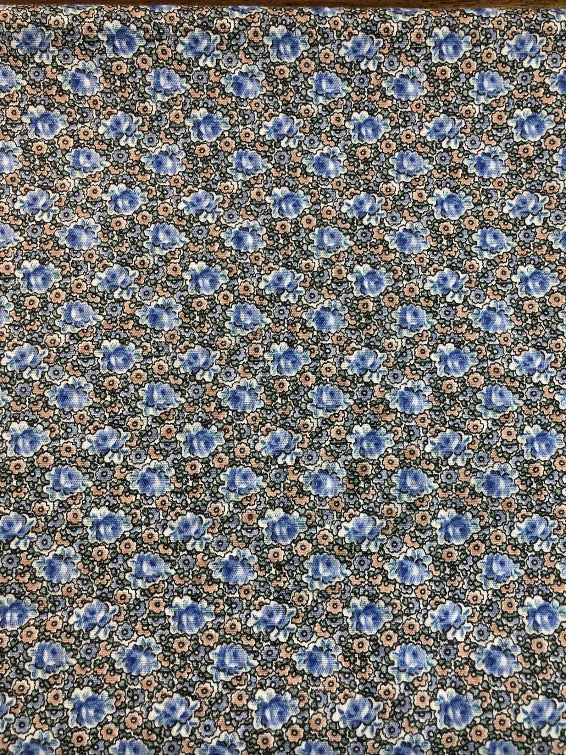 Vintage Small Blue Floral Fabric, 100% Cotton, sewing, quilting, OOP floral