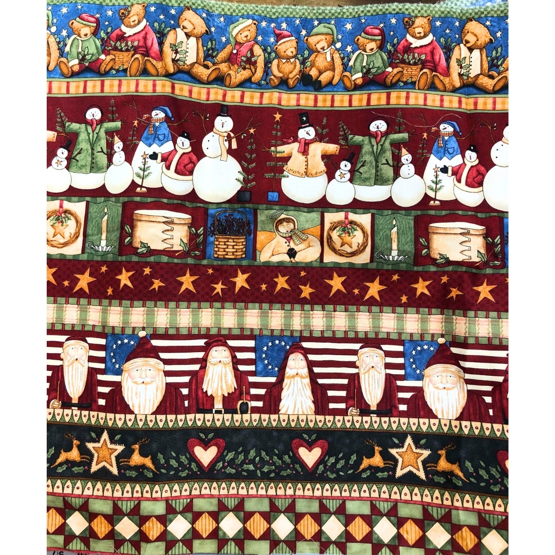 Winter Santa, Snowman, Teddy Bear Stripe Fabric, 100% Cotton, SSI Mumms the Word 