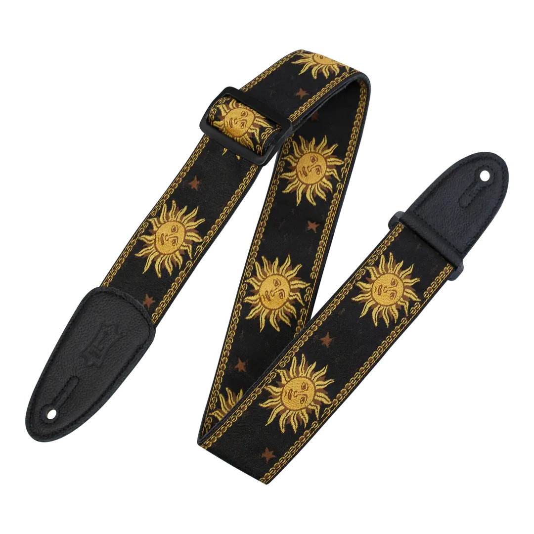 MPJG-SUN-BLK Levy's 2 Sun design jacquard weave guitar strap with garment leather