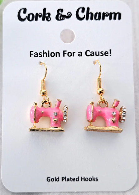 Sewing Machine 3D Earrings Pink Enamel and Gold Plated Hooks by Cork & Charm