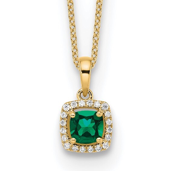 10k Yellow Gold 1/10 carat Lab Grown Diamond Created Emerald 18 in Pendant Necklace