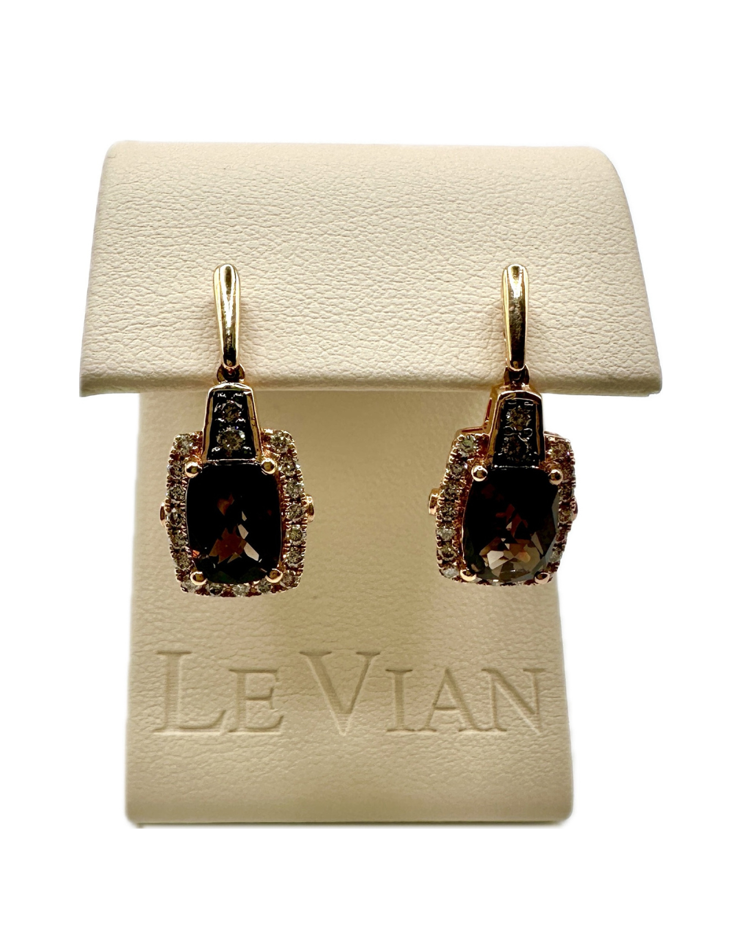 14k Strawberry Gold LeVian Earrings 2 1/3 Choc Qrtz and 3/8 Nude Dia Sides