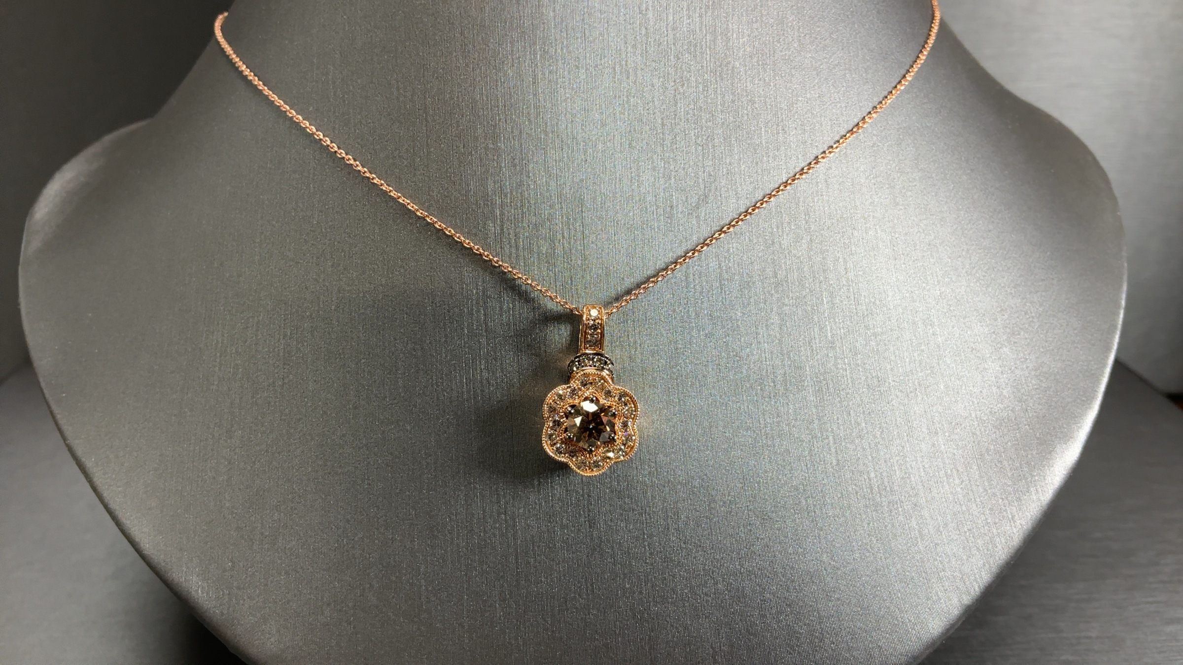 14k Strawberry Gold LeVian Necklace w 5/8 Choc Dia Center and 1/4 Nude Dia Sides