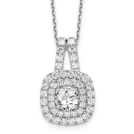 14k White Gold 1 1/2 carat Lab Grown Diamond VS/SI+ G+ 18 inch Double Halo Pendant Necklace