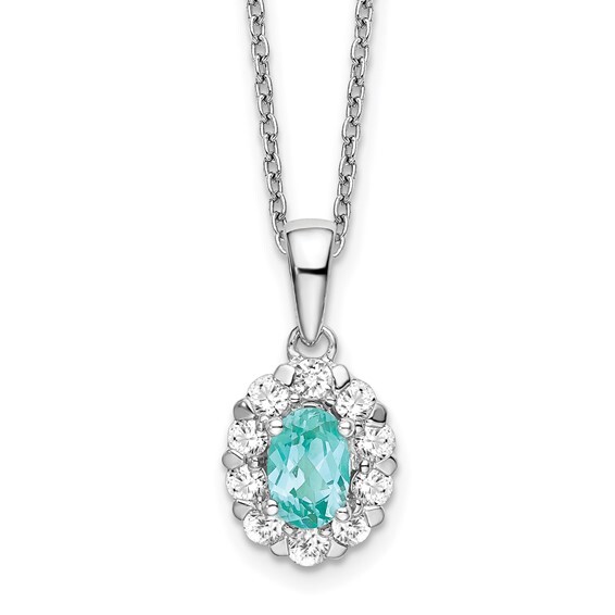 14k White Gold 5/8 carat Lab Grown Diamond Lab Created Paraiba 18 inch Oval Halo Pendant Necklace