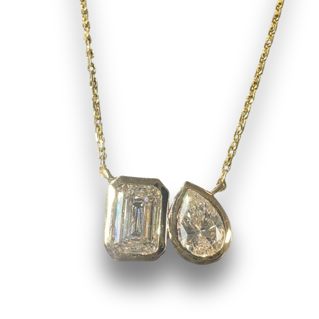 14k Yellow Gold 2 stone Lab Grown Diamond Necklace Emerald and Pear Shaped stones
