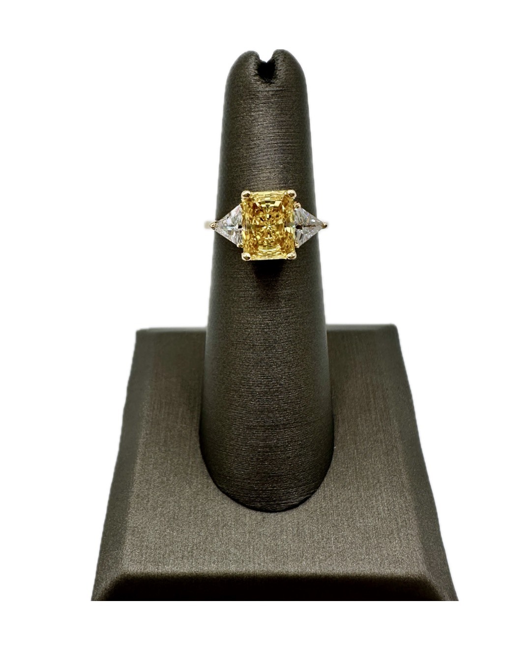 14k Yellow Gold 9x7 Radiant Yellow Stone Tourmaline Center with Trillion Cut White Side Stones