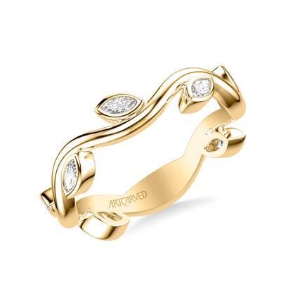 14k Yellow Gold Floral Stackable Ring with Vine Bezel Set Marquise Diamonds and Organic Vine Band