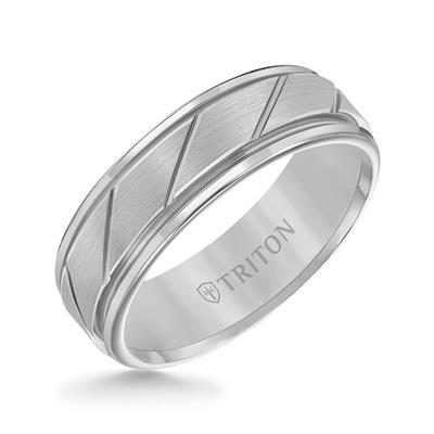 7mm White Tungsten Carbide Flat Satin Finish Center with Bright Diagonal Cuts and Rims Comfort Fit Band- 10