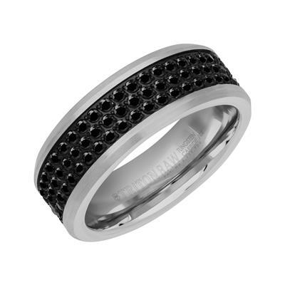 8MM Tungsten Carbide Ring - Triple Row Eternity Black Heat-Treated Sapphires and Beveled Edge- 10