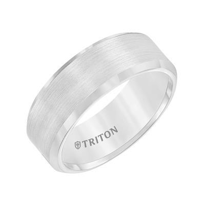 8mm Bevel Edge White Tungsten Carbide Comfort Fit Band with Satin Finish Center and Bright Polished Edge- 10