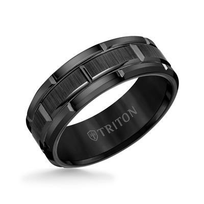 8mm Black Tungsten Carbide Bevel Edge Comfort Fit Band with Vertical Satin Finish Center and Bright Edges and Cuts-10