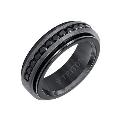 8mm Black Tungsten Carbide Ring with Black Sapphire Channel Set Silver Satin Finish-10