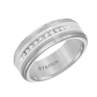 8mm Tungsten Carbide Step Edge Comfort Fit Band with Satin Finish Silver Inlay and Channel Set diamonds