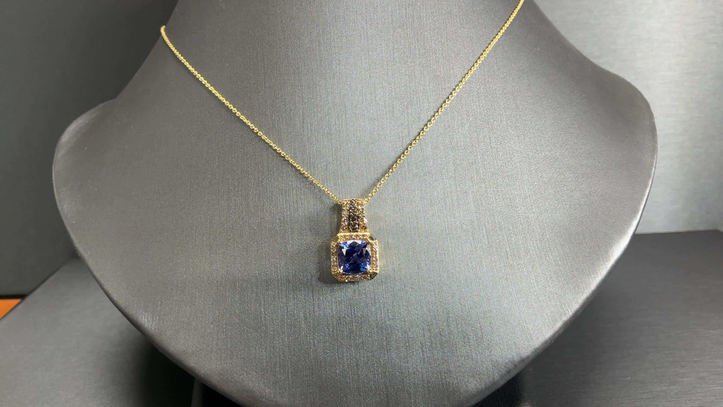 LeVian 1 3/8 Cushion Blueberry Tanzanite Necklace with Chocolate and Nude Diamond Sides