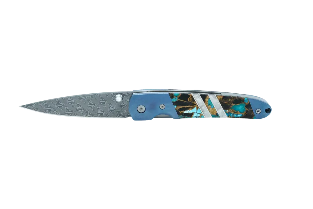 Anodized Copper and Brass Core Damascus with gemstone exotic handle 