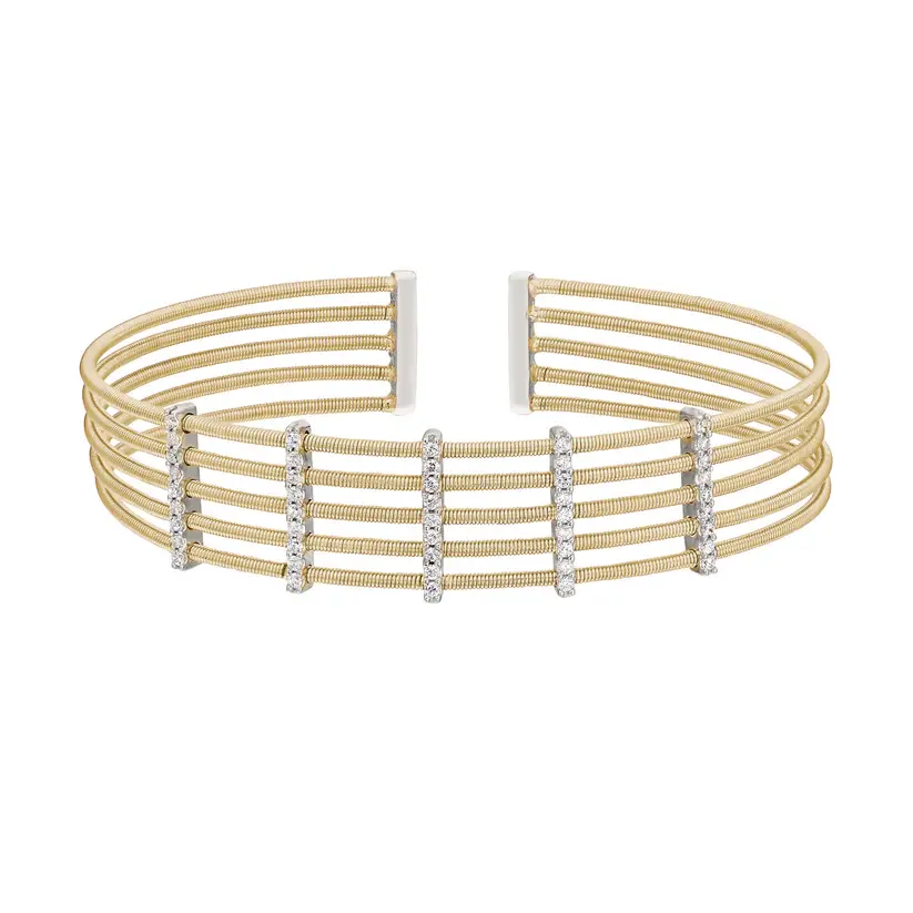 Gold Finish Sterling Silver Multi Cable Cuff Bracelet with Rhodium Finish With Simulated Diamond Vertical bars