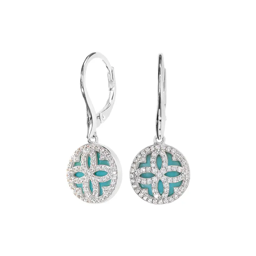 Platinum Finish Sterling Silver Micropave Clover Earrings with Simulated Diamonds and a Turquois Mother of Pearl Background