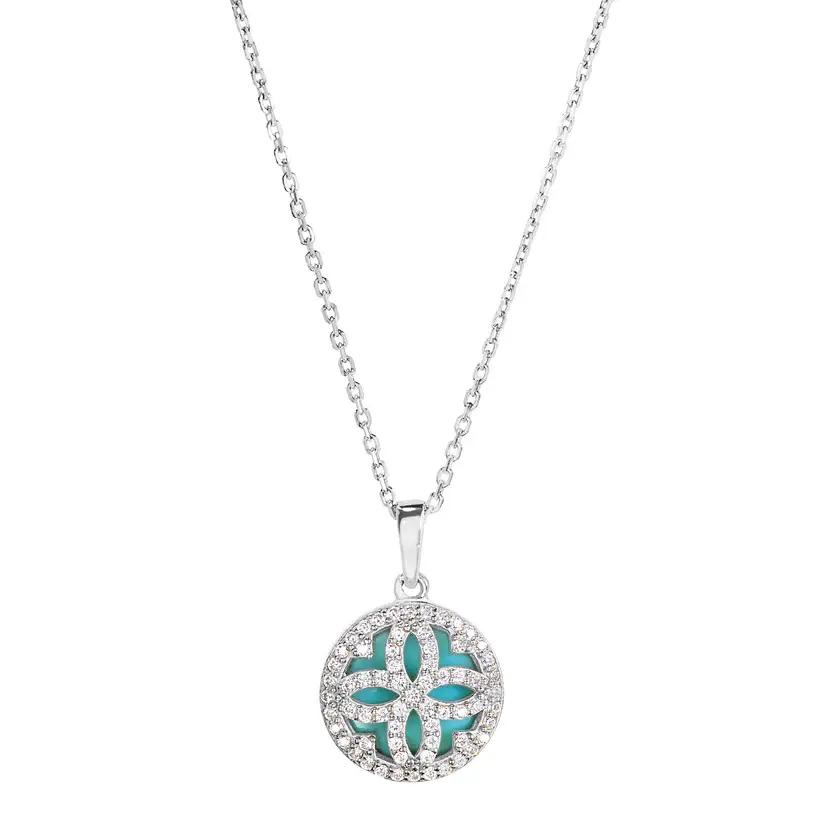 Platinum Finish Sterling Silver Micropave Clover Pendant with Simulated Diamonds and a Turquoise Mother of Pearl Background on a 16 - 18 Adjustable Cable Chain