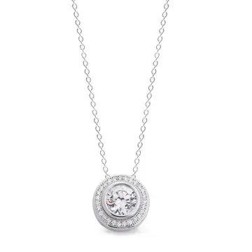 Platinum Finish Sterling Silver Micropave Round Pendant With Simulated Diamonds on 18 Cable Chain
