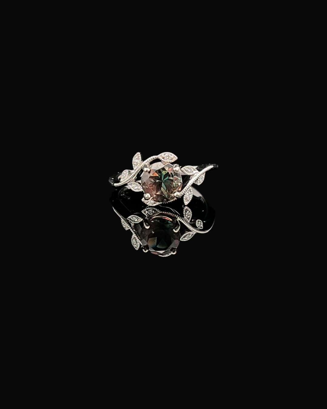 14k White Gold Floral 7mm Round Bicolor Genuine Oregon Sunstone Fashion Ring with .05cttw pave diamonds 