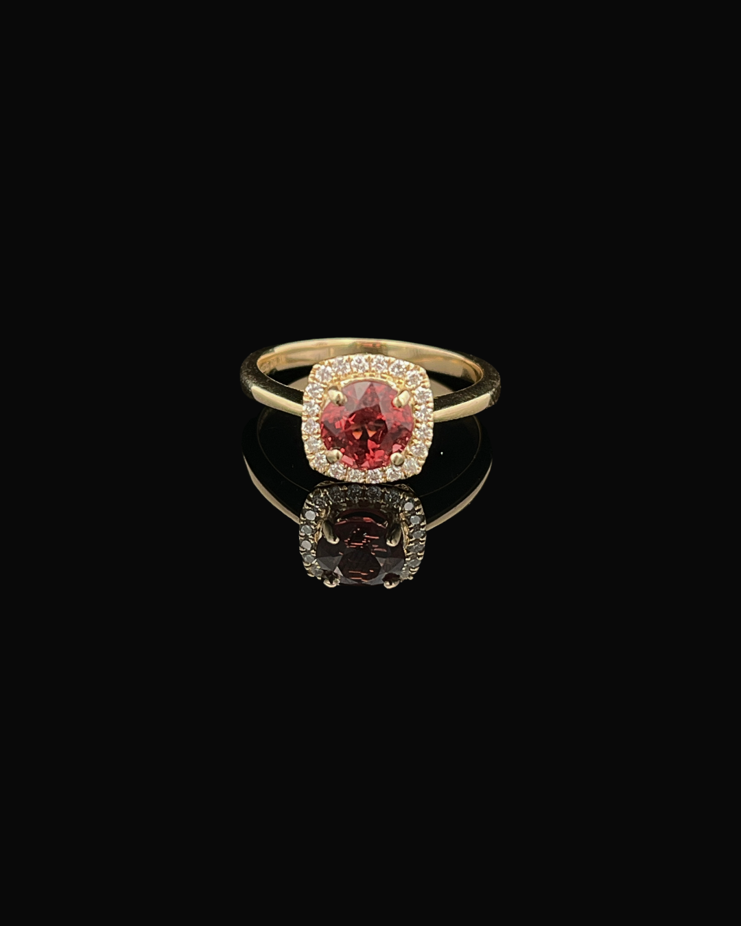 14k Yellow Gold 1.1ctw Red-ish Genuine Sapphire Fashion Rign with .16ctw Pave Diamond Accent