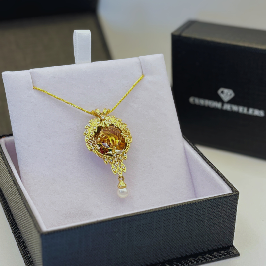 14k Yellow Gold Custom .22ctw Diamond & 10mm Citrine Fashion Pendant with Ruby/Emerald 5mm Round Pearl drop