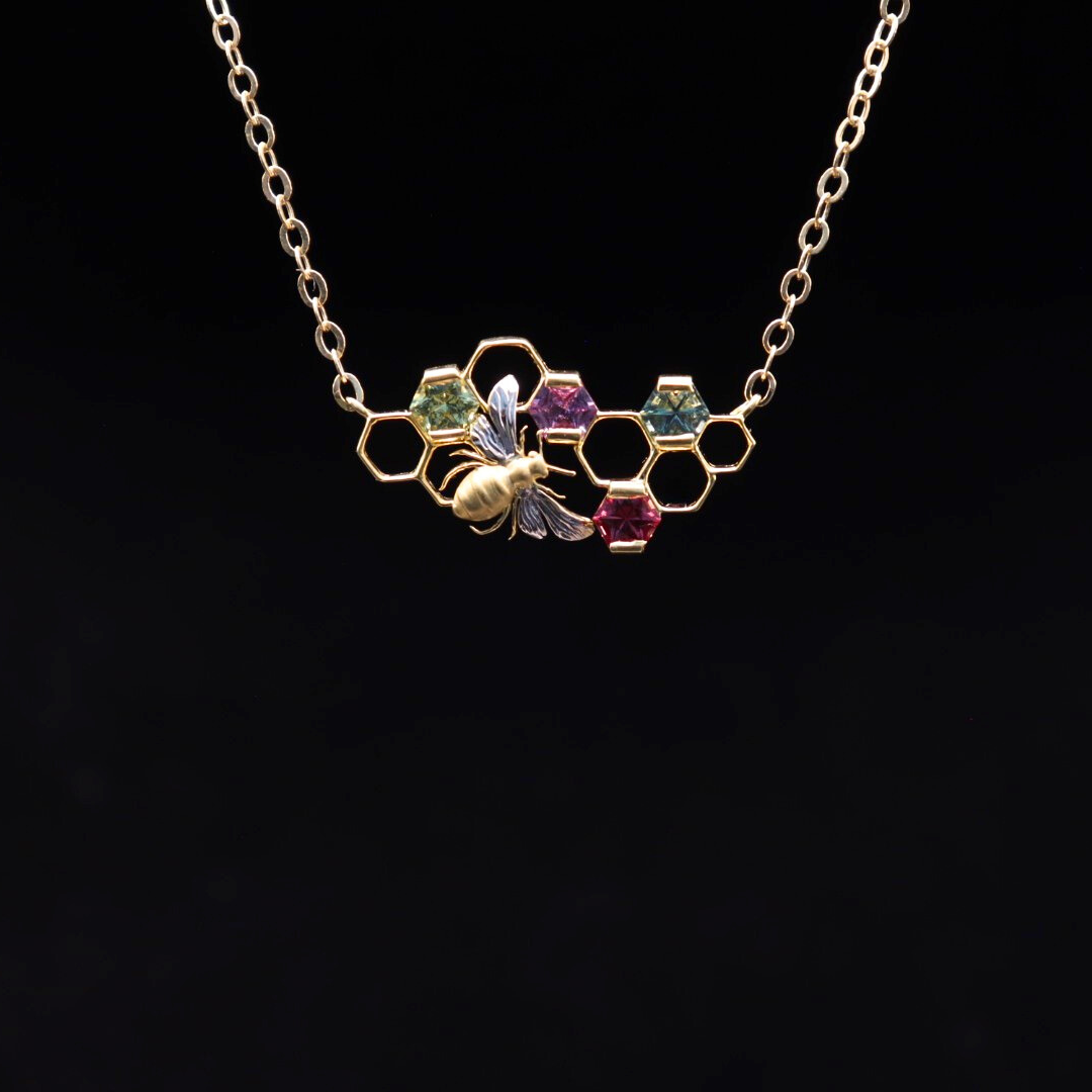 14k Yellow Gold Custom Natural Sapphire (green,blue,purple,red) Honey Comb Necklace 18