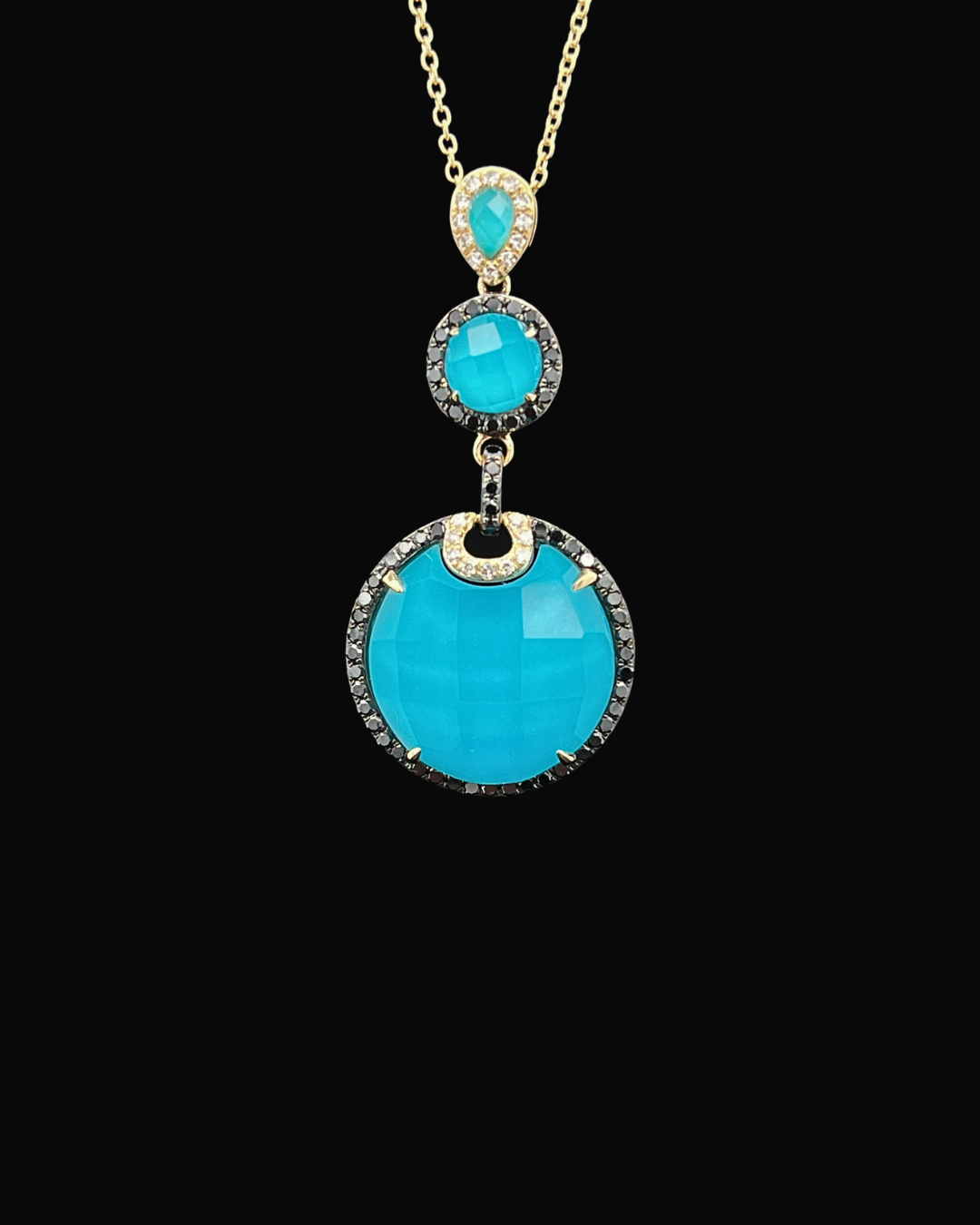 14k Yellow Gold Custom Turquoise & Quartz Pendant w/ .48cttw Black and White Pave Diamonds 
