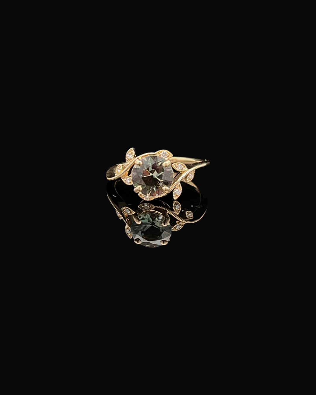 14k Yellow Gold Floral Green Oregon Sunstone 7mm & .05cttw Pave Diamond Fashion Ring 