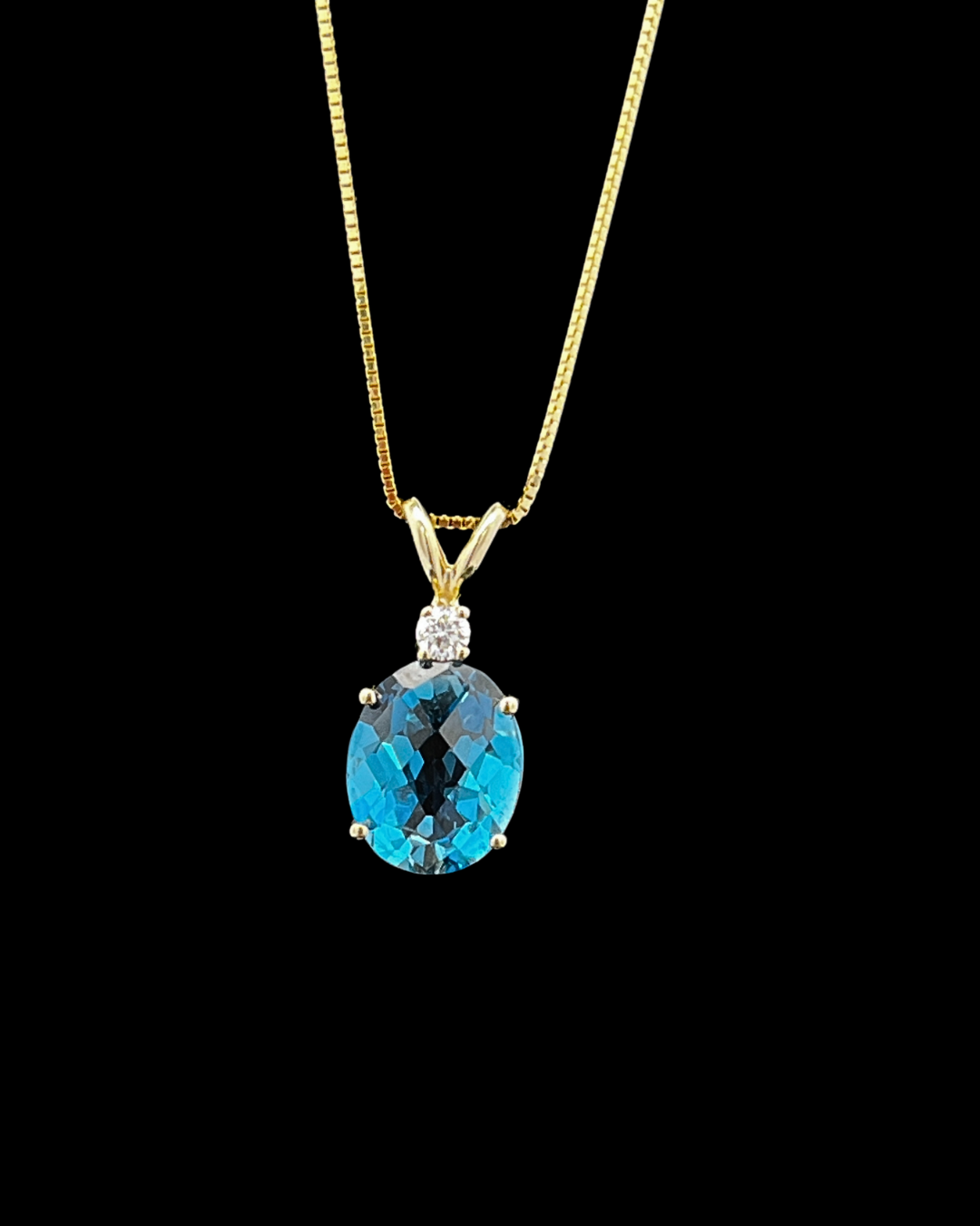 14k Yellow Gold London Blue Topaz 9x7mm Checkerboard Cut with .05ctw Diamond Accent Pendant 