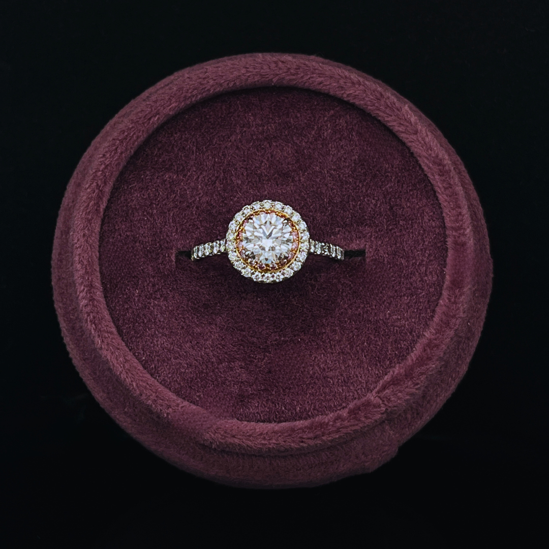Pre-Loved Tiffany's Platinum & Rose Gold Soleste Engagement Ring w/ .81ctw Center Diamond & Natural Pink Diamond Halo w/ Pave Diamond Accent Stones