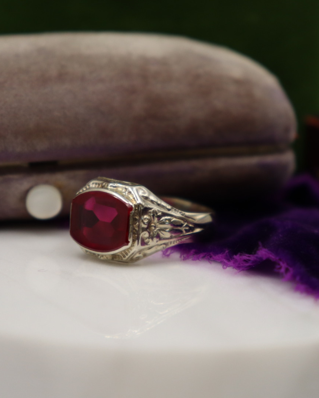 Pre-loved 10k White Gold 1930's Mens Ring with Filigree & Lab Grown Ruby 