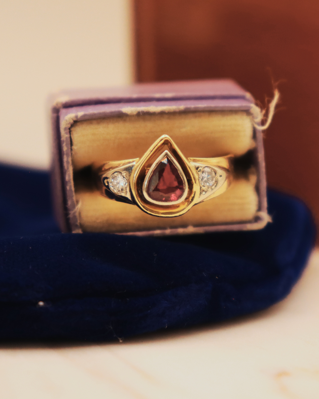 Pre-loved 14k TwoTone Gold Vintage Tear Drop Gen Ruby & Diamond Fashion Ring 