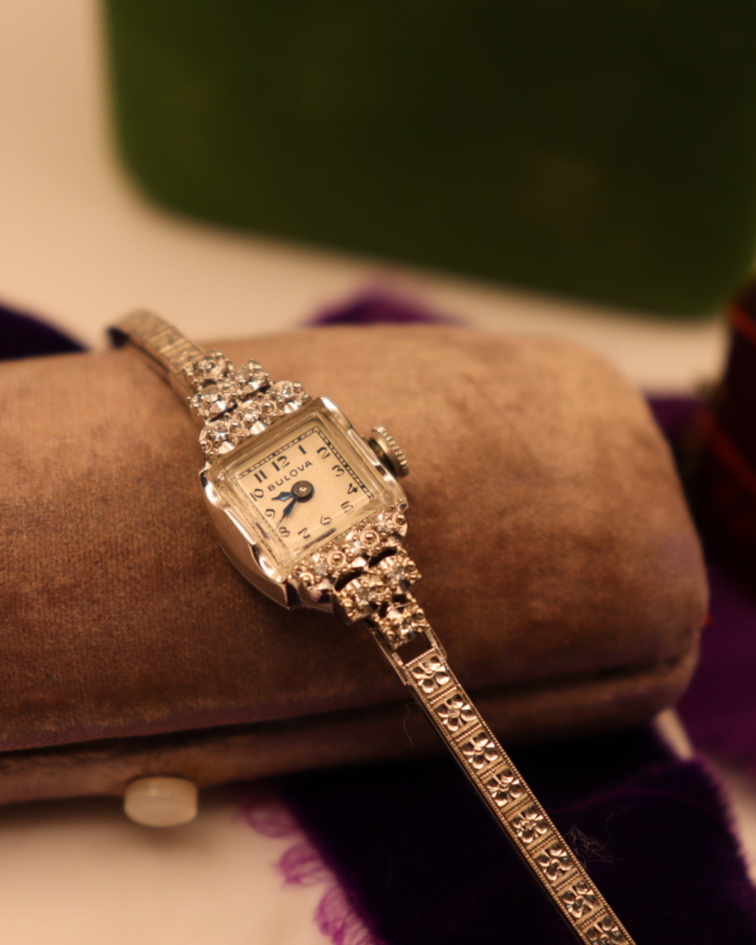 Pre-loved 14k White Gold Vintage Bulova Watch With Diamond Accents 