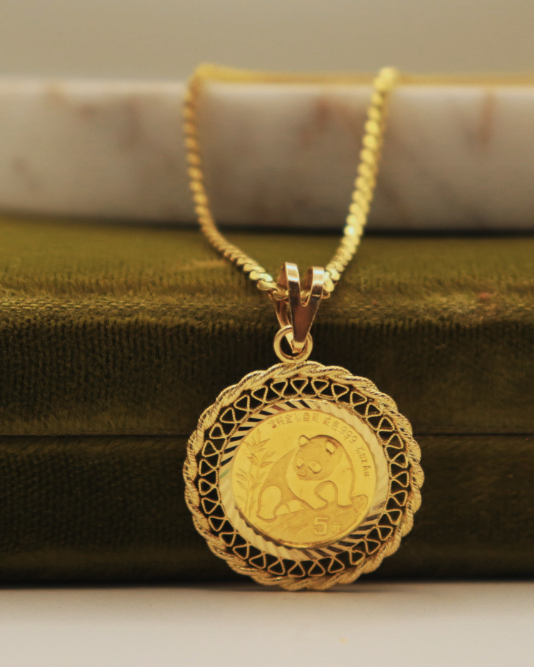 Pre-loved 14k Yellow Gold Chinese Panda Gold Coin Pendant w/ 18 Serpentine Chain