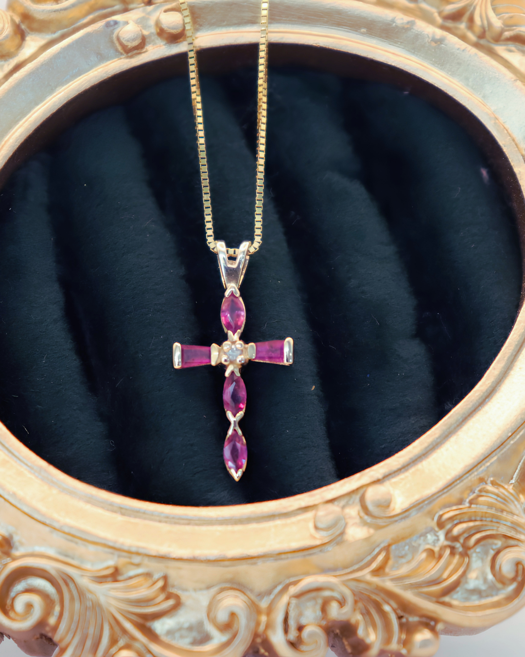 Pre-loved 14k Yellow Gold Marquise Genuine Ruby Cross Pendant w/.02ct Diamond Accent