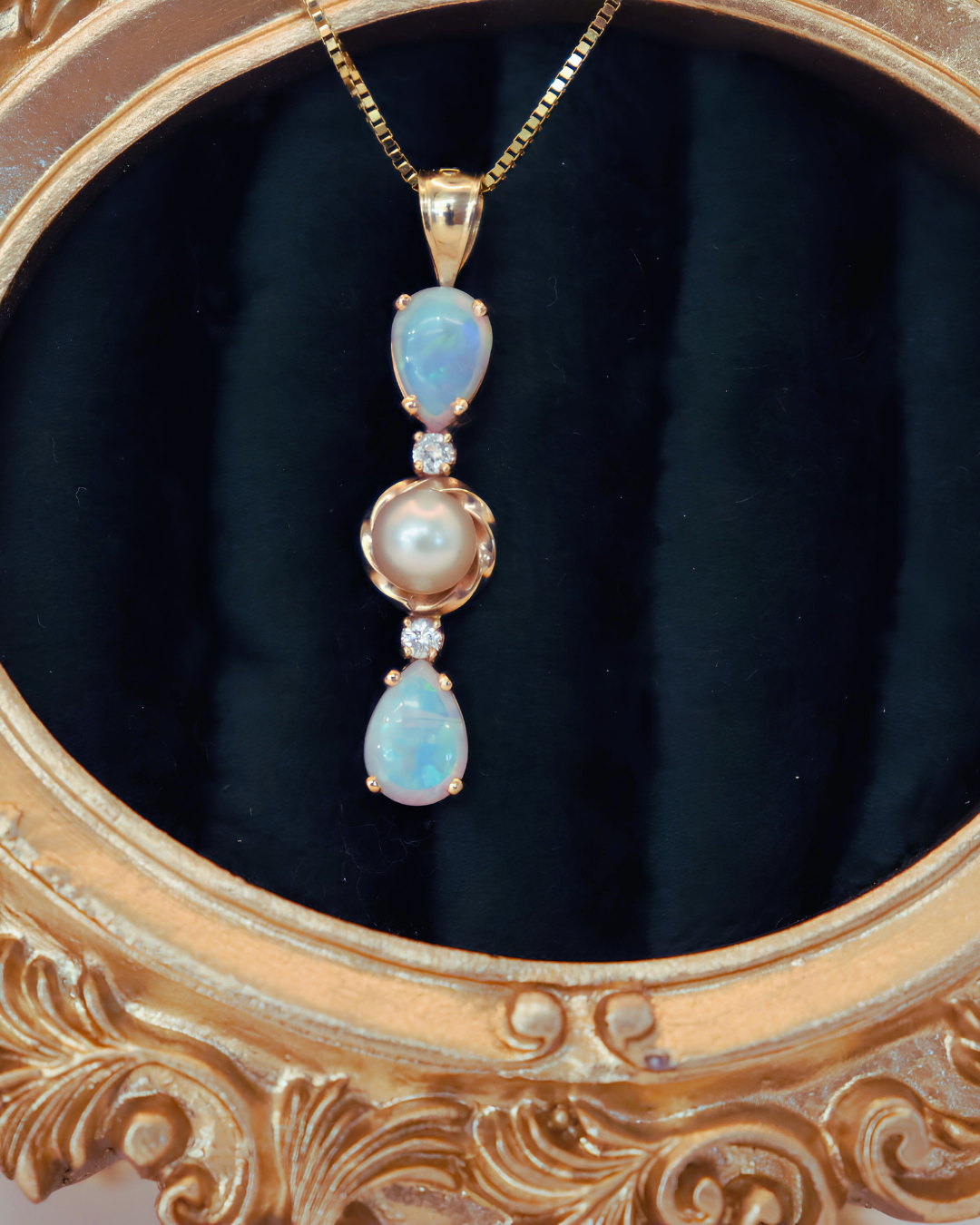 Pre-loved 14k Yellow Gold Tear Drop 6x4mm Opal & Pearl Fashion Pendant w/ .05ctw Diamond Accents