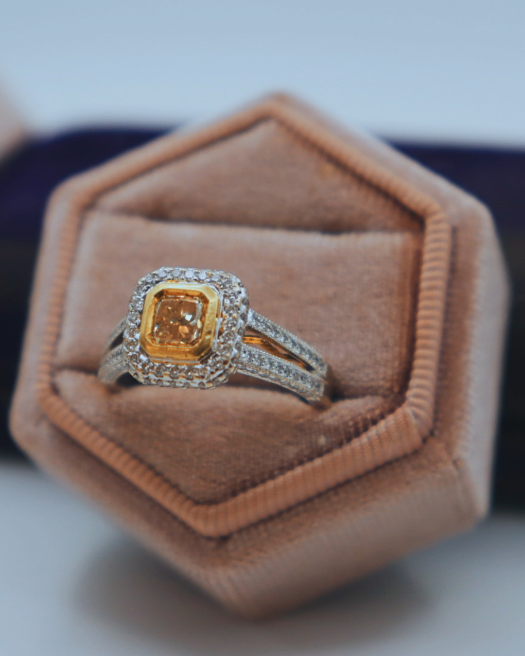 Pre-loved 18k WG 1.03ct Cushion Cut Yellow Diamond Engagement Ring w/ .83cttw Pave Diamond Accents