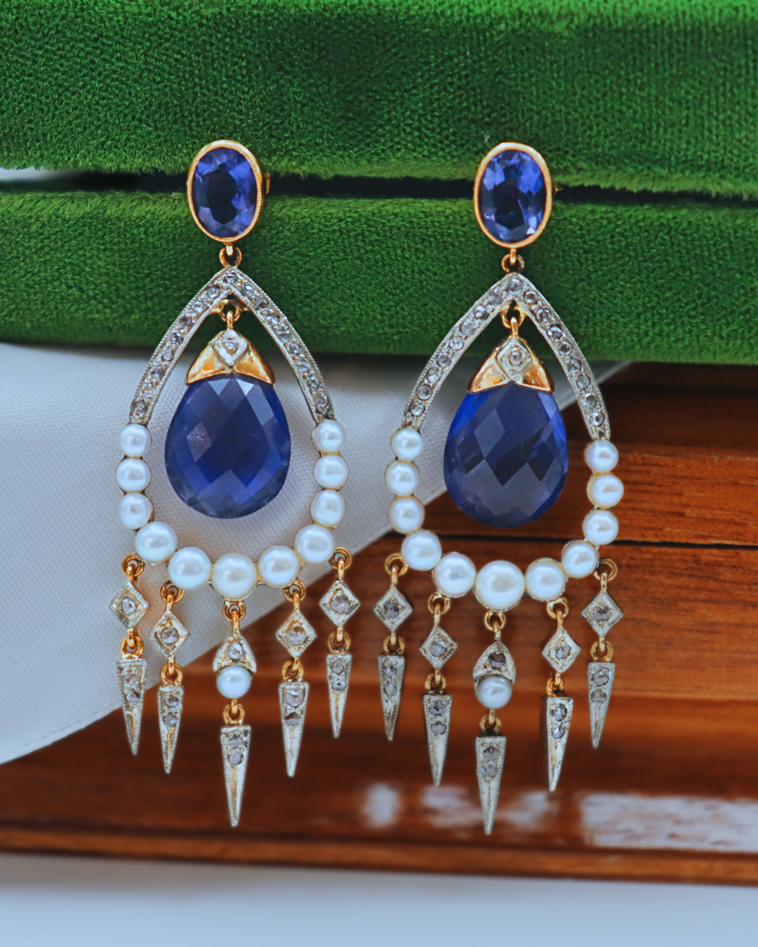 Pre-loved 18k and Sterling Silver Antique Chandelier Earrings with Iolite, Diamonds and Pearl Accents 