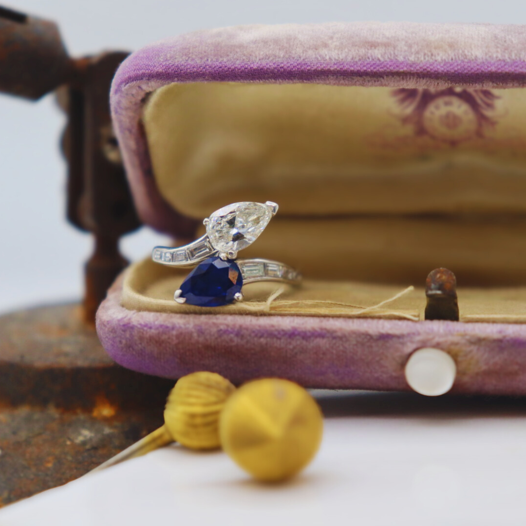 Pre-loved Platinum Pear Diamond & Geniune Sapphire Ring w/ Baguette Diamond Accents 