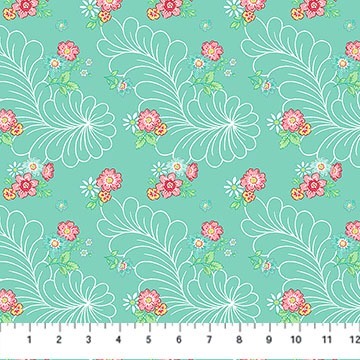 Quilting In Bloom Feather Floral Turquoise Multi by Pigs in a Blanket Quilting