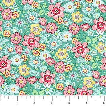 Quilting In Bloom Packed Floral Turquoise Multi by Pigs in a Blanket Quilting