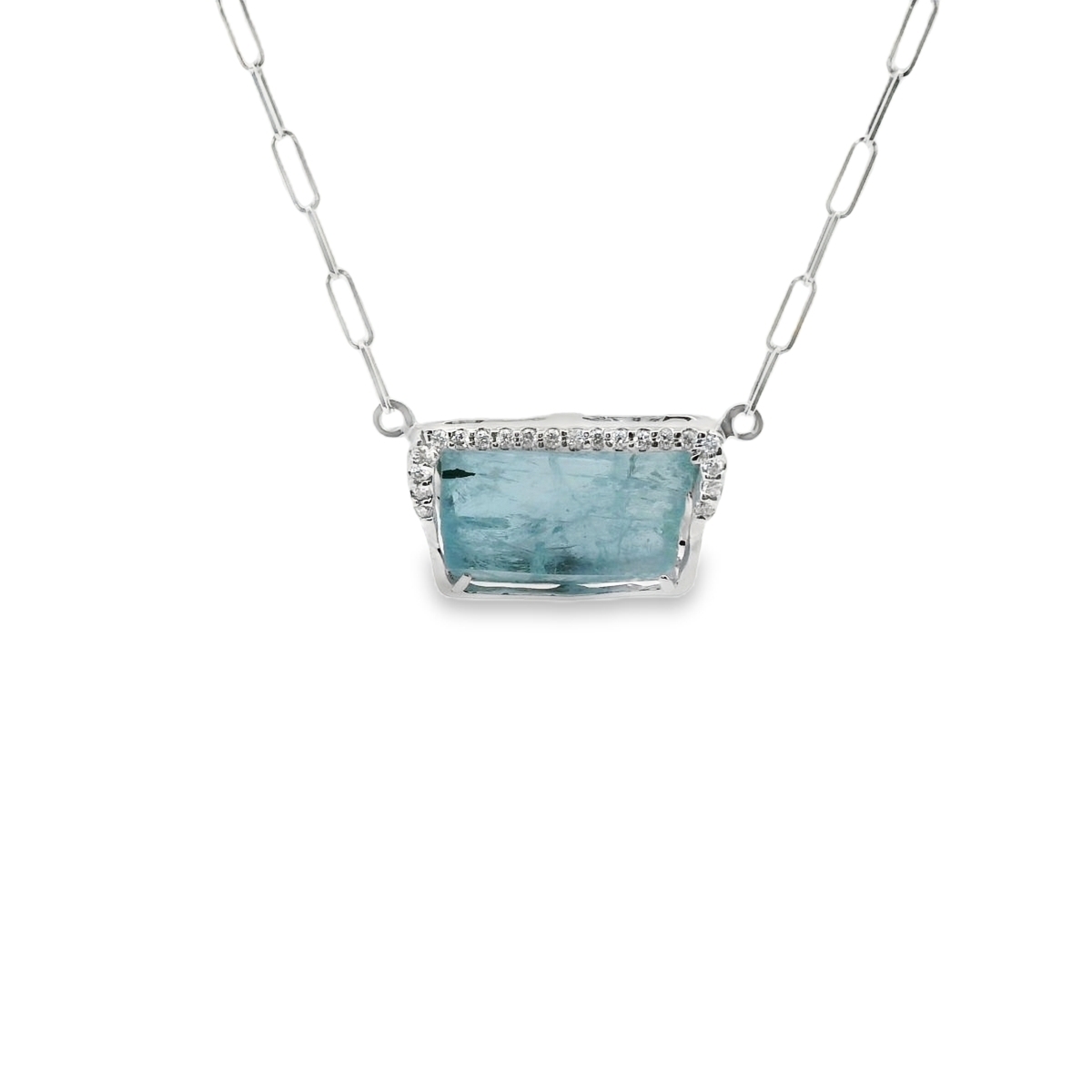 14K One of a Kind White Gold 12.85CT Raw Aquamarine &.20CT Diamond Paperclip Necklace 