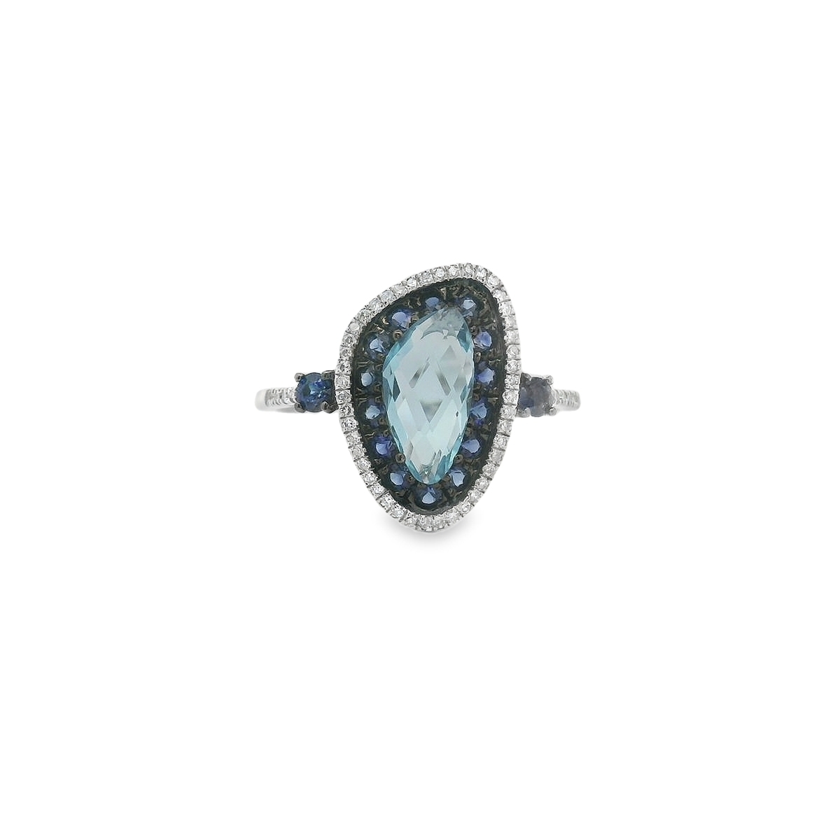 14K White Gold 1.10CT Blue Topaz, .44CT Sapphires, & .13CT Diamonds Ring Size 7