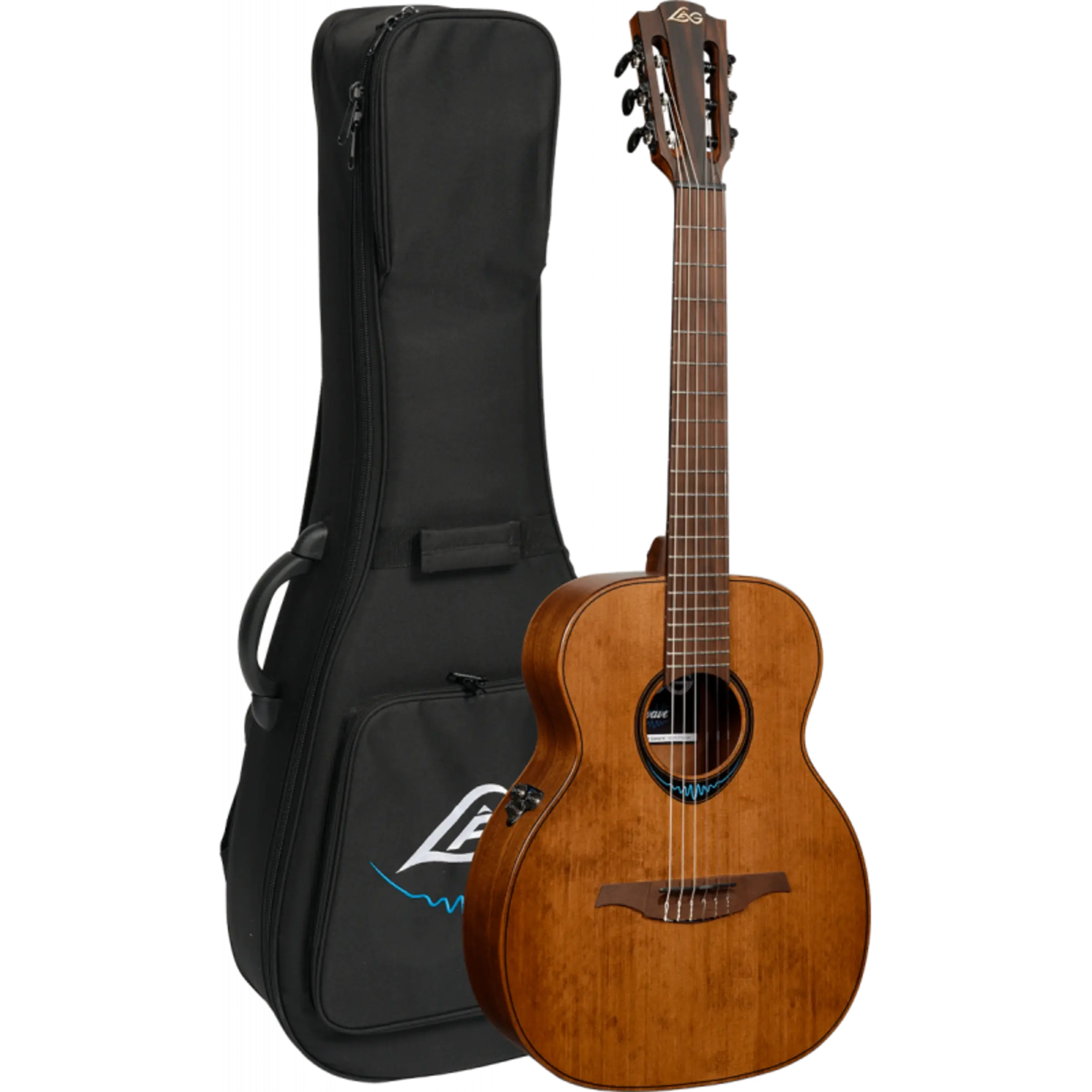 LAG Guitars BlueWave Nylon String Smart Guitar, Travel Size, Vintage Brown Satin