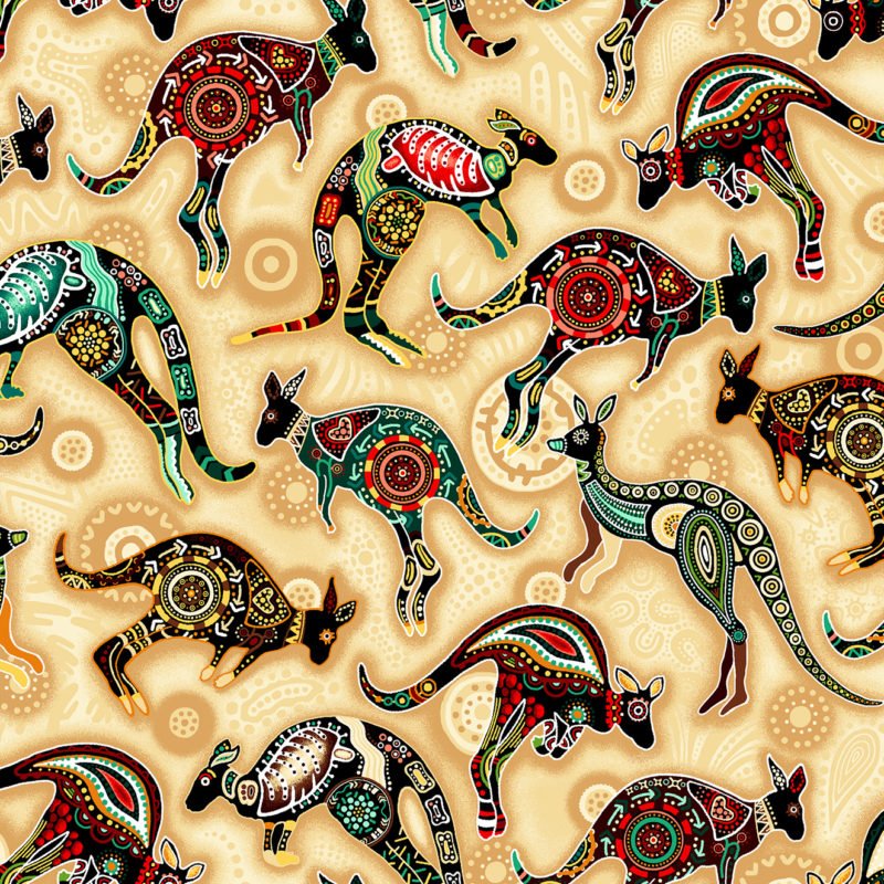 Fabric-Oasis Gondwana Kangaroos on Tan - 811105034551