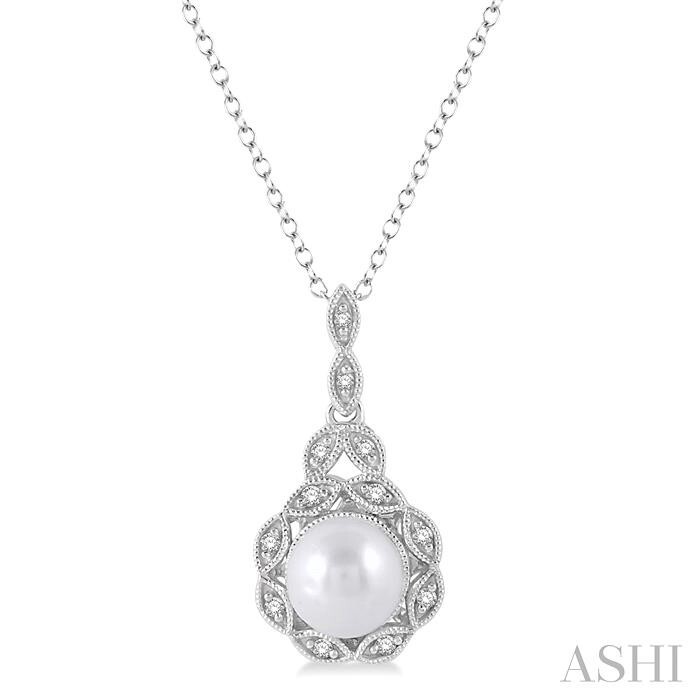 Ashi - SS .05ct 6.5X6.5mm Silver Pearl & Halo Diamond Pendant Cultured Pearl 