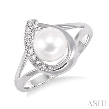 Ashi - SS, 6.5 MM Cultured Pearl and 1/20 Ctw Single Cut Diamond Ring in Sterling Silver